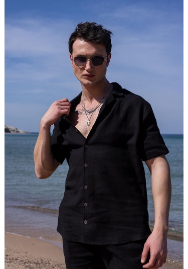 Siyah Renk Gömlek Şort Erkek Keten Takım-1745 Siyah