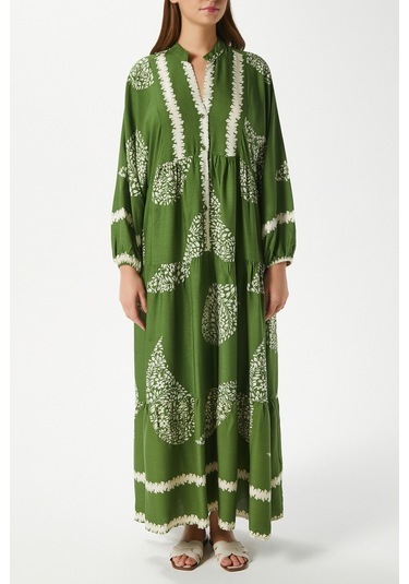 Modest Helena Yeşil Krem Kadın %100 Viskon Maksi Boy Katlı Balon Kol Uzun Yazlık Elbise Çok Renkli