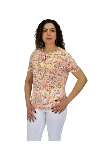 Kadın Kısa Kol Baskılı Bluz Bgl-st04703 Turuncu