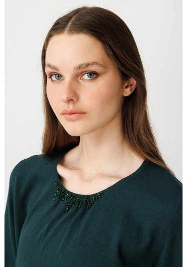 Kadın Sıfır Yaka Dantel Çiçek İşlemeli Ligralı Bluz Yeşil Yeşil