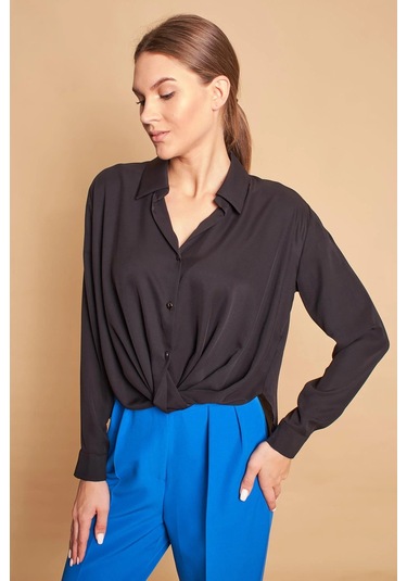 Yakalı Önü Pileli Uzun Kol Likrasız Şık Kumaş Gömlek-siyah Siyah