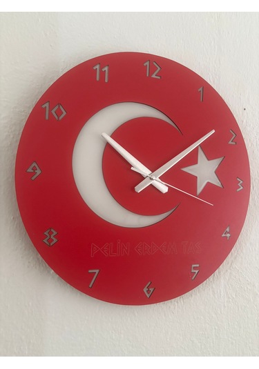 Kişiye Özel İsim Yazılı Ay Yıldız Türk Bayrağı Duvar Saati Epoksi Dolgulu 40 Cm Kırmızı - Beyaz