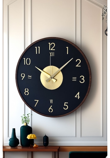 Ahşap Dekoratif Alcyone Gold - Kahverengi Duvar Saati 48cm Siyah - Gold