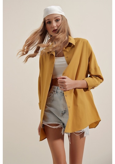 Bigdart 3900 Oversize Uzun Basic Gömlek - Hardal 001