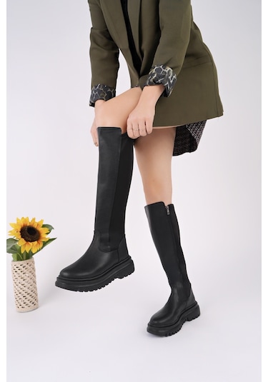 Muggo Nerox Kalın Taban Streç Detaylı Fermuarlı Kadın Çizme - Siyah