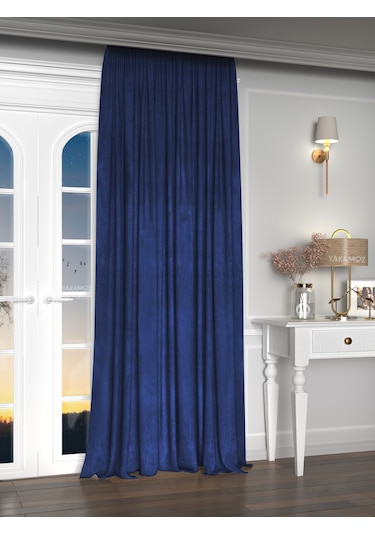 Yakamoz Kadife Görünüm Gece Mavisi Ada Fon Perde Ekstraforlu Velvet Touch Serisi Gece Mavisi Mavi