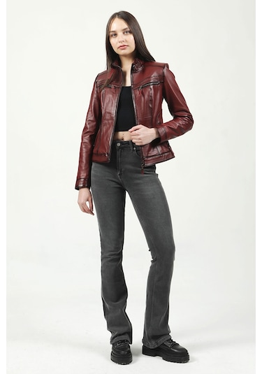 Dericlub Yb-2107 Gerçek Deri Kadın Mont Bordo