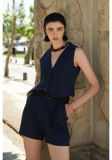Cepkenli Şortlu Keten Takım Lacivert Lacivert