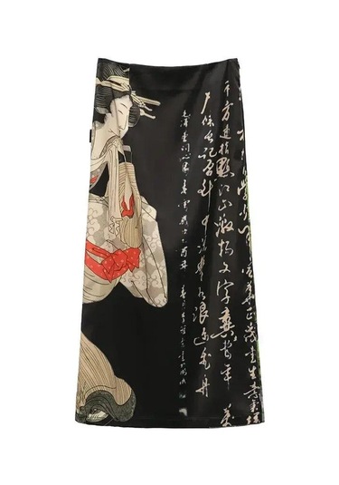 Batik Siyah Baskı Etekler Bayan A-line Bölünmüş Uzun Etek Harajuku Japon Sokak Şıklığı Gotik Faldas Largas Mujer 2024 Fairycore Siyah