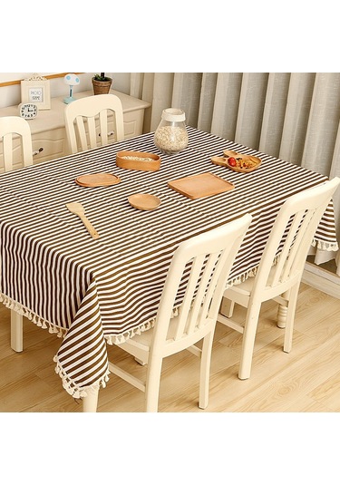 Kumaş Pamuklu Yemek Masa Örtüsü Dekorasyon Bezi, Boyut: 140x200cm Kahverengi Şerit Çok Renkli