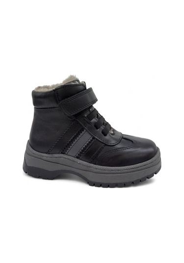 Tekiner Hakiki Deri Gerçek Kürklü Unisex Çocuk 3 Çizgi Bot Siyah