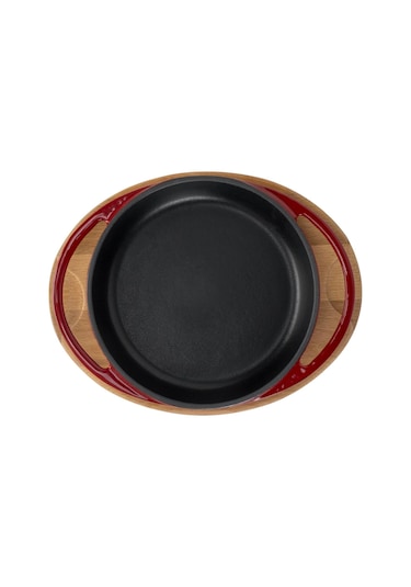 Lava Döküm Yuvarlak Sahan Döküm Demir Yekpare Çift Kulplu Kayın Servis Ahşabı Çap Ø 16cm.-bordo Bordo