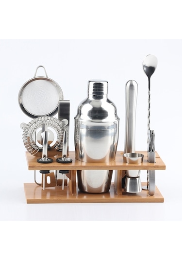 Ahşap Montajlı 11'i 1 Arada Paslanmaz Çelik Kokteyl Çalkalayıcı 750ml