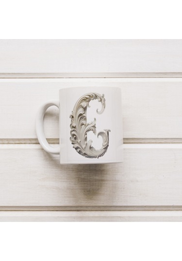 E Harfi Bardak, Monogram 330 Ml Barok Oymalı Görünüm Beyaz