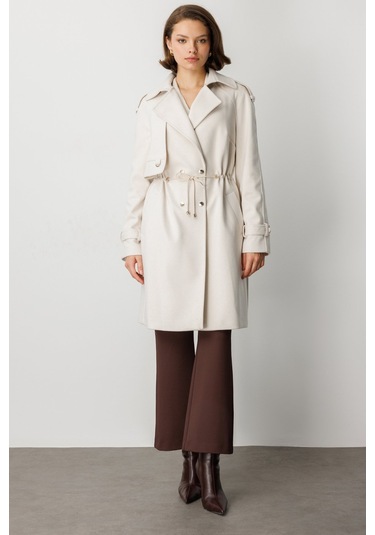 Ekol Kadın Beli Bağcıklı Apoletli Kaban 6037 Bej Bej