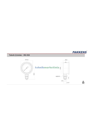 50Mm -1 0 Bar 1 4" Alttan Çıkışlı Gliserinli Vakummetre Pakkens