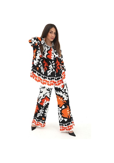 Yanı Yırtmaçlı Lale Desen Jessica Kumaş Takım - Siyah-siyah Siyah