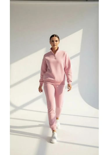 Kazax 3 İplik Şardonlu Yarım Fermuarlı Sweatshirt Somon Somon