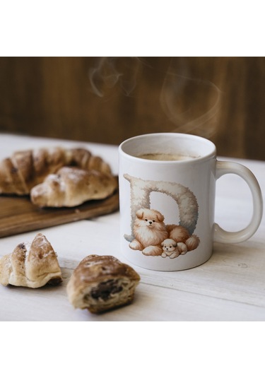 D Harfi Tasarım Bardak, Sevimli Hayvan Temalı Harf Bardağı Beyaz