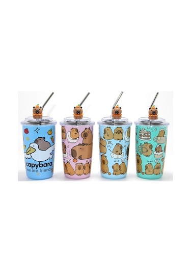 Capybara Figürlü Isı Muhafazalı Metal Pipetli Paslanmaz Çelik Kupa Standart