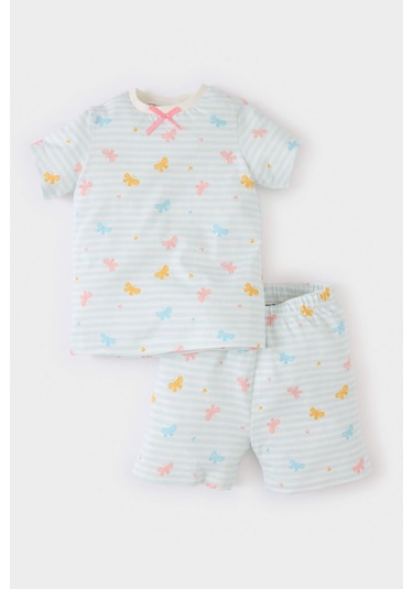Defacto Kız Bebek Pijama Takımı Kelebek Desenli Kısa Kollu Penye Üst Beli Lastikli Şort E1550a525hsbe440 Mavi