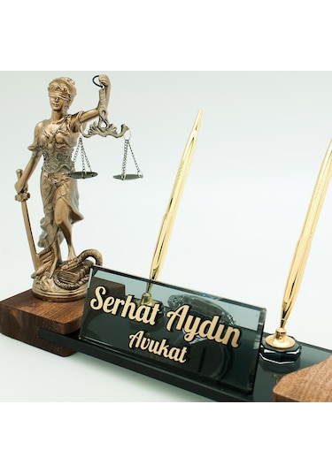 Avukatlara Özel İsimlik Adalet Themis Heykeli Masif Masa İsimliği