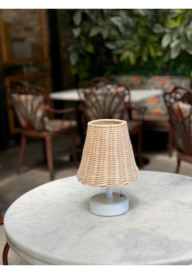Rattan & Bambu Masa Üstü Kablosuz Pilli Abajur Masa Lambası Beyaz