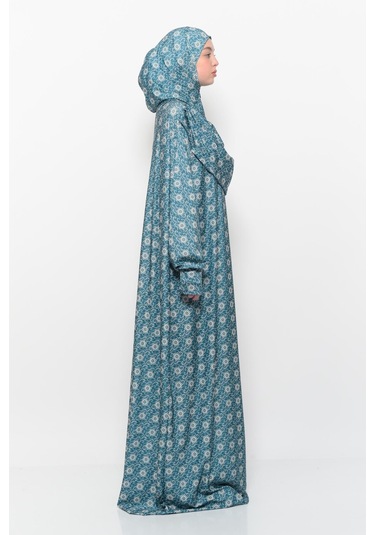 Pratik Tek Parça Güneş Desenli Kollu Tak Çıkar Başörtülü Likralı Tesettür Namaz Elbisesi 990-0302 Zümrüt Antrasit