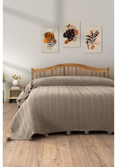 Sevim Çift Kişilik Ponponlu Triko Örme Battaniye - Yumuşak Doku & Şık Tasarım - Mint Yeşili - 220x240 Cm Bej Bej