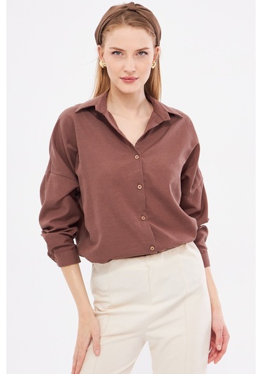 Armonika Kadın Koyu Kahve Oversize Uzun Basic Gömlek Arm-22y001118