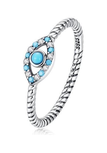 S925 Sterling Silver Turquoise Devil Eye Women Ring, Size:6 Çok Renkli