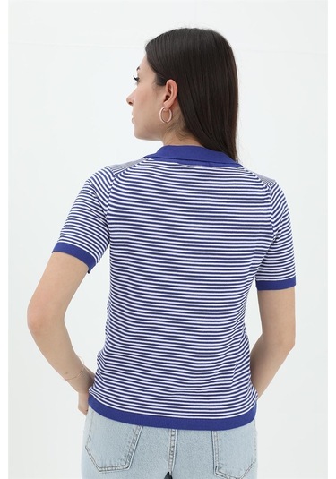 İnce Çizgili Polo Yaka Triko Kazak - Saksmavisi - Kadın
