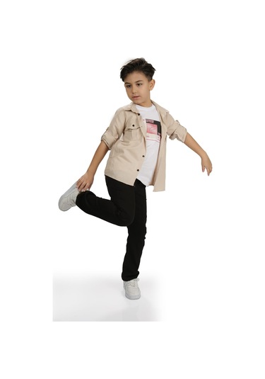 Gömlek , Pantolon , T-shirt 3parça Erkek Çocuk Takım Mnk1754 Bej