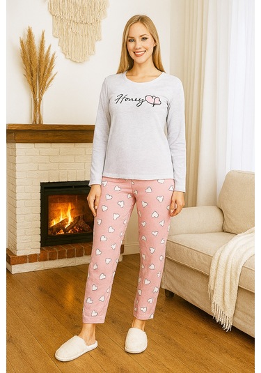 Kadın Kalp Desen Suprem Pijama Takımı 0455 Gri02 Gri02