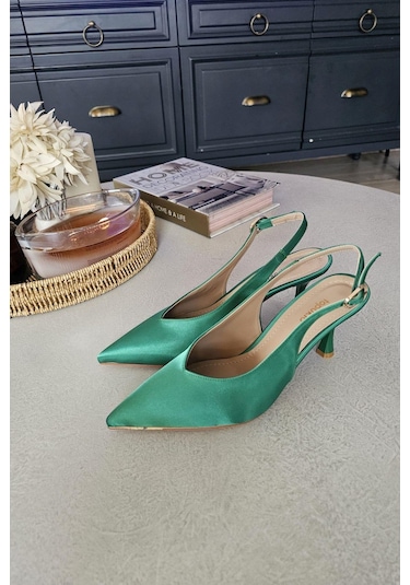 10 44 Topukla Kadın Arkası Açık Kadeh Topuklu Stiletto Abiye Ayakkabı Yeşil Saten