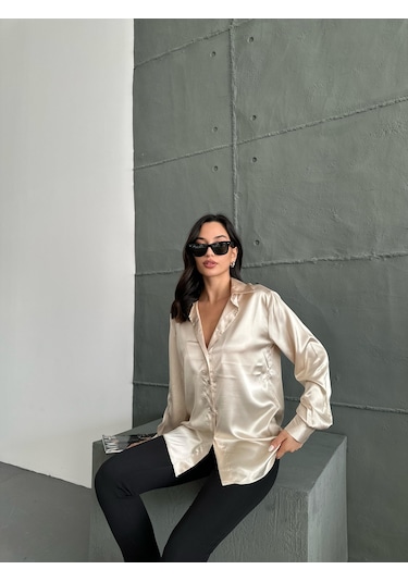Kadın Oversize Taş Renk Saten Gömlek-taş Taş