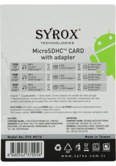 Syrox 16 GB MicroSDHC Class 10 UHS-I Hafıza Kartı + Adaptör