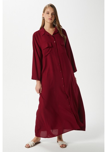 Prive Kadın Plain Bordo %100 Viskon Maksi Boy Cepli Yazlık Uzun Elbise