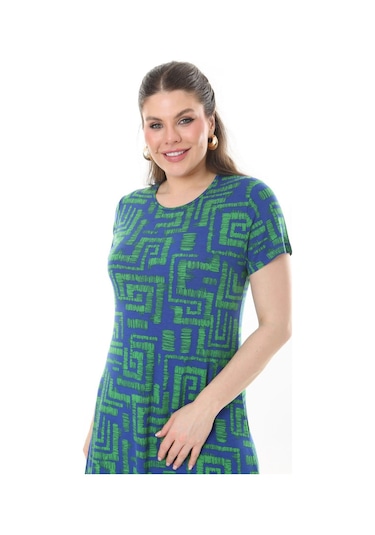 Kadın Mavi Yeşil Labirent Desen Midi Elbise-mavi Mavi