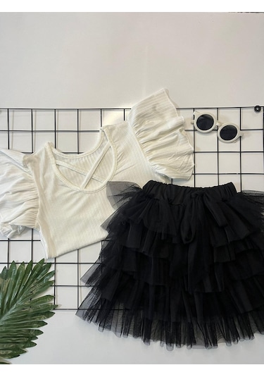 Kız Çocuk 23 Nisan Tül Etekli Kısa Kol İkili Takım Krem