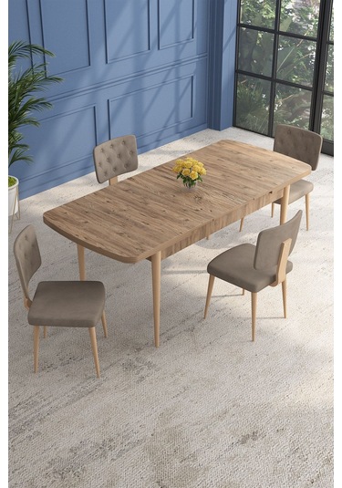 Lars Atlantik 80x132 Açılabilir Mdf Masa Yemek Odası Takımı,mutfak Takımı 4 Adet Sandalye Cappucino