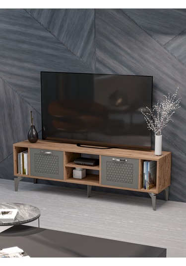 Tv Sehpası 160 Cm Modern Çok Amaçlı Dolaplı Raflı Televizyon Ünitesi Linya Gümüş Ceviz Antrasit