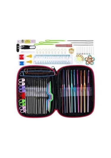 Flybuy Set 100 Adet Kırmızı Gül Desenli Örgü Alet Seti - Tığ İşi Aksesuarlar 100'ü 1 Arada