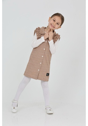 Kız Çocuk Omuz Fırfırlı 2'li Elbise Elbise+bady Bluz 12181 Açık Kahve Açık Kahverengi