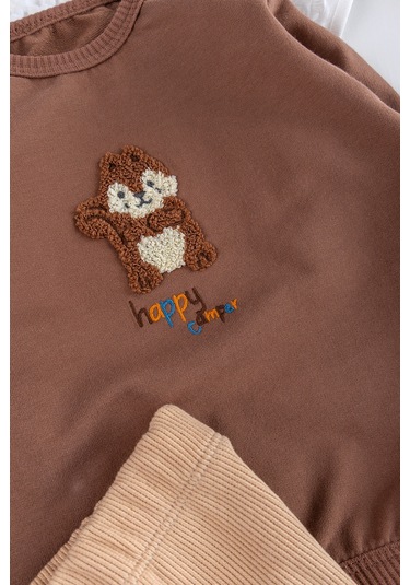 Figürlü 2'li Erkek Bebek Takım Alt Üst Bebek Takımı Kahverengi