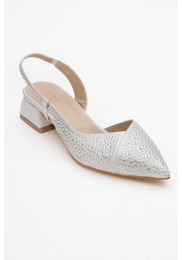 Sella Gümüş Saten Taşlı Kadın Kısa Topuklu Ayakkkabı Gümüş