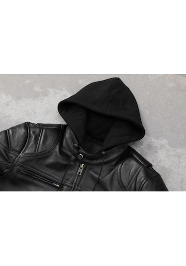 Polar Kapüşonlu Hakiki Deri Mont Siyah