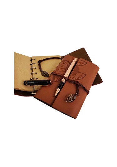 Ahşap Kutulu Taba Renk Deri Defter Ve Kalem Set 1 Adet