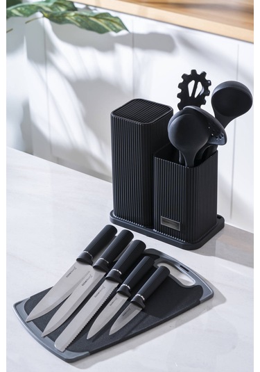 Cooper 12 Parça Standlı Kesme Tahtası Servis Ve Bıçak Seti Siyah