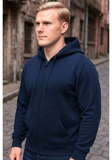 Lacivert Kapşonlu Fermuarlı Sweatshirt Lacivert